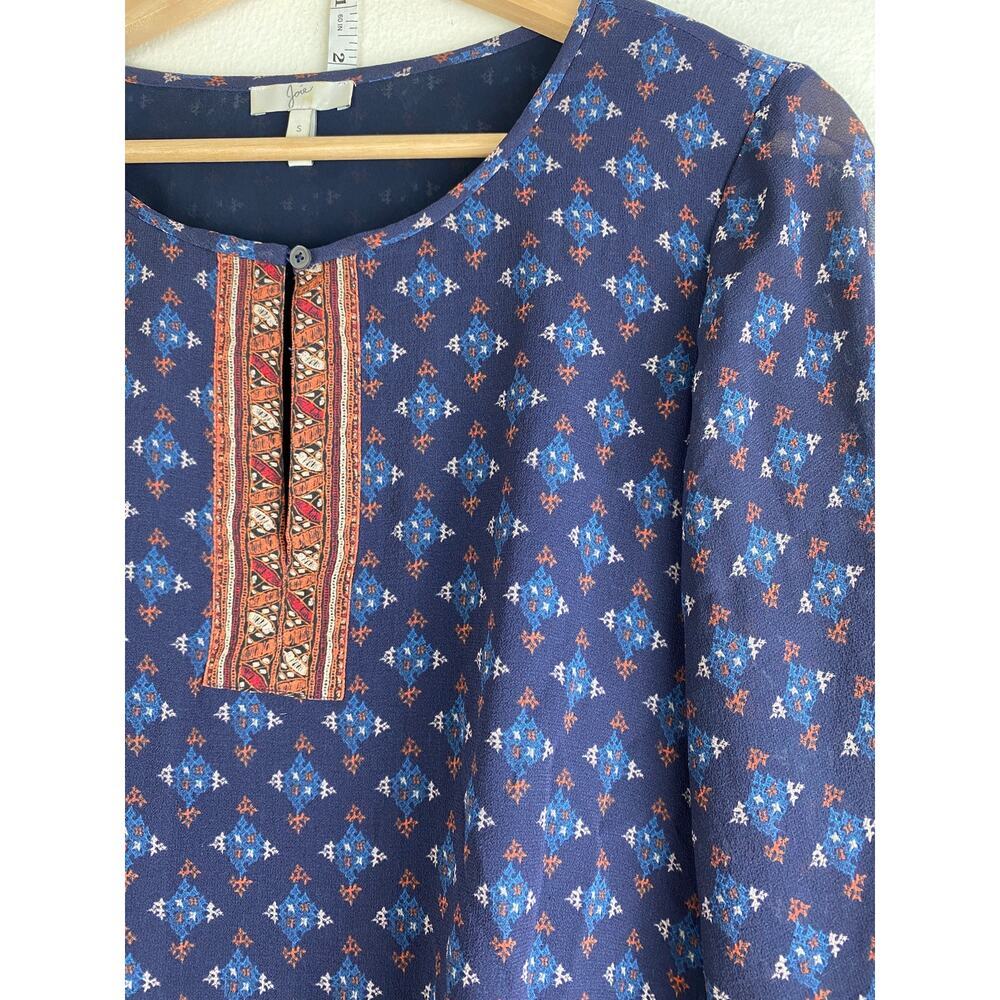 Joie Silk Blouse Navy Multi Print Sheer Sleeve Relaxed Top Small - Picture 6 of 12